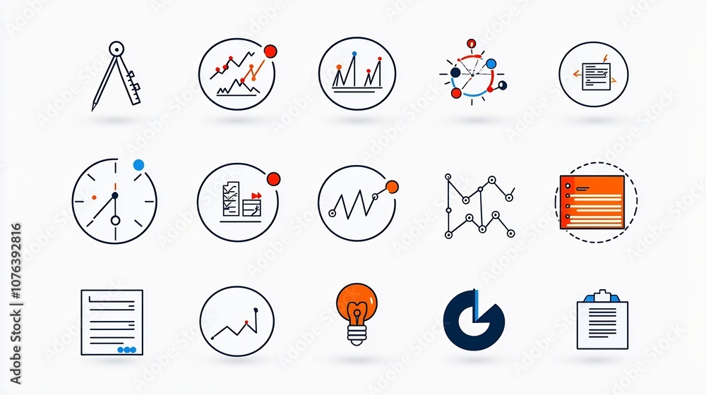 Aufkleber Set of 15 linear icons illustrating various aspects of data collection statistical analysis and information visualization for business and finance applications