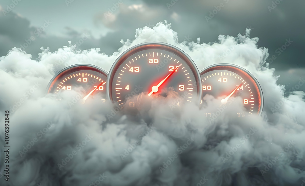 Poster a speedometer with a white cloud, a red arrow, and three large gauges in the background with smoke a
