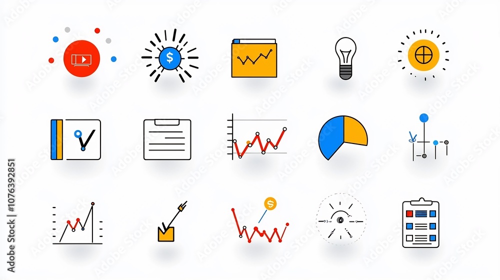 Poster Set of 15 linear icons depicting various elements of statistical data collection and analysis including symbols for file sharing growth tracking survey completion and more suitable for business