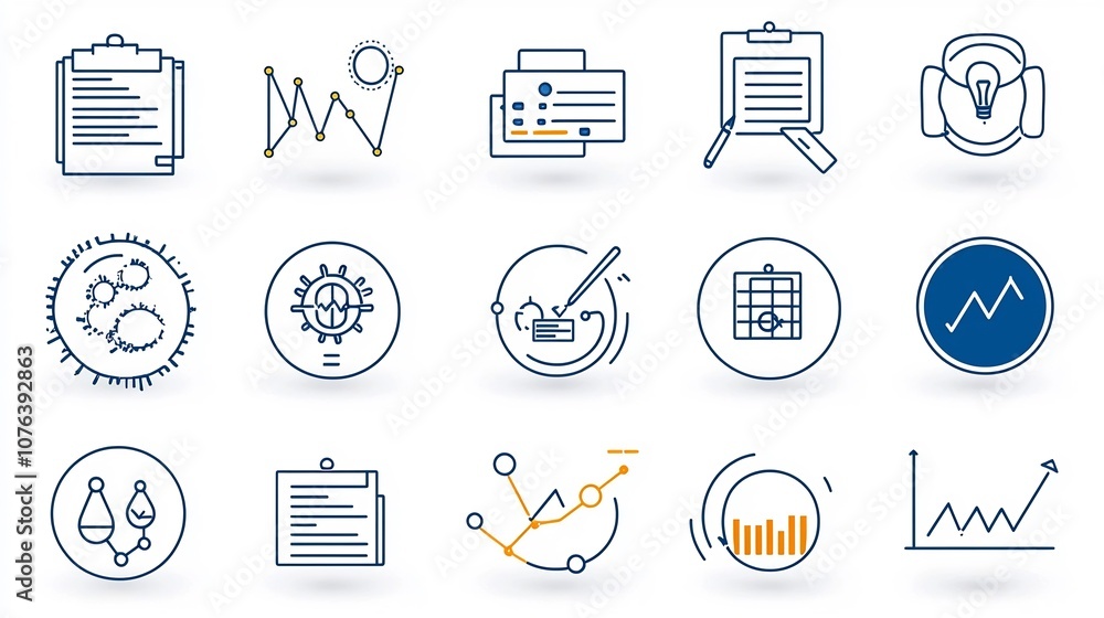 Aufkleber Set of 15 minimalist linear icons illustrating various aspects of statistical data collection analysis and visualization including symbols for file sharing growth trend analysis and survey completion