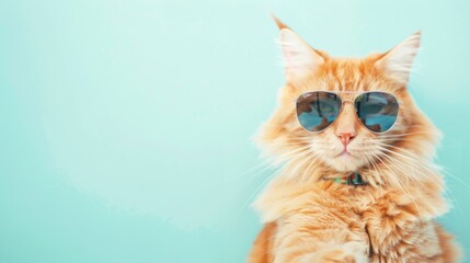 Fototapeta premium This delightful ginger cat showcases its playful spirit by wearing stylish sunglasses against a soft, light cyan background. Its fun personality shines through, inviting smiles.