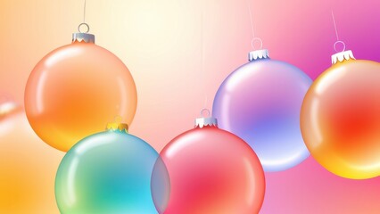 Fototapeta premium Colorful hanging Christmas ornaments against a soft gradient background, perfect for festive designs and holiday themes