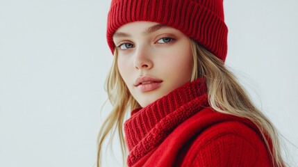 Portrait of a woman wearing a red knit hat and sweater, exuding warmth and style in a winter setting.