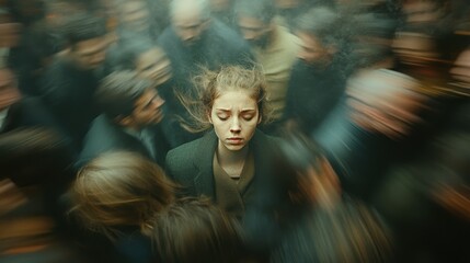 Obraz premium Young woman stands serene in a chaotic crowd, symbolizing calm and introspection in a fast-paced world.