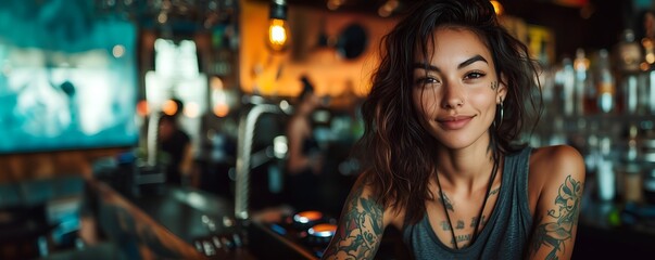Young confident tattooed DJ girl posing by turntables in a pub, stylish and bold portrait
