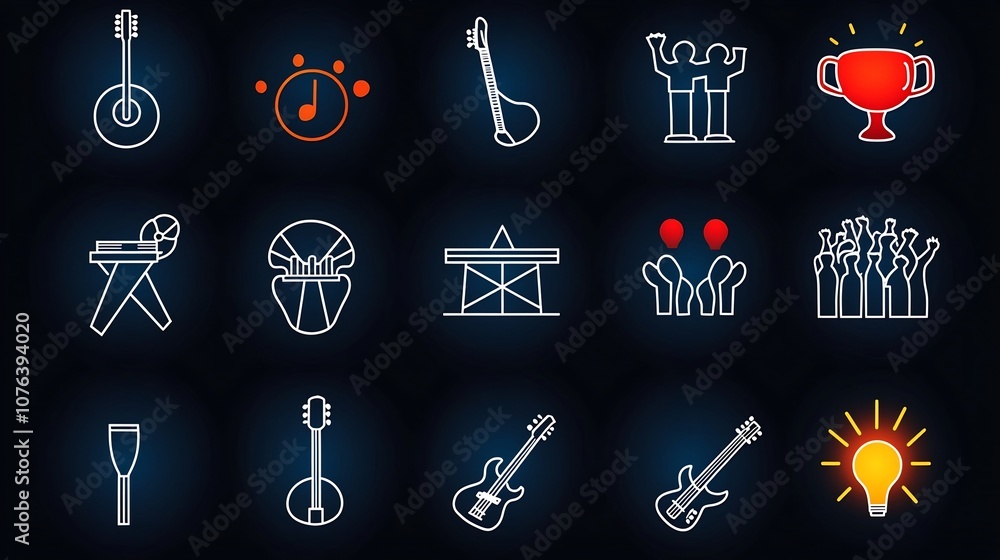 Poster set of 15 show related icons in outline style featuring icons for stage musical instruments and fan 