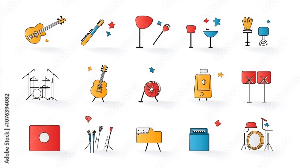 Poster set of 15 outline style icons depicting elements of a show or performance including stage musical in