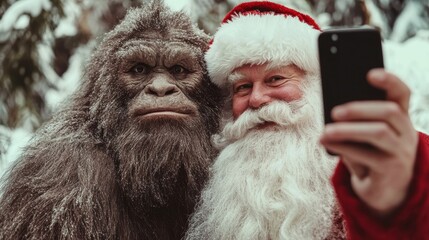 Santa Claus and Bigfoot capture a festive selfie in a snowy forest, celebrating the holiday spirit with a fun twist.