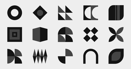 Abstract black shapes, retro decorative sticker set and banner, different decorative geometric forms, patterns and symbols. Vector illustration.