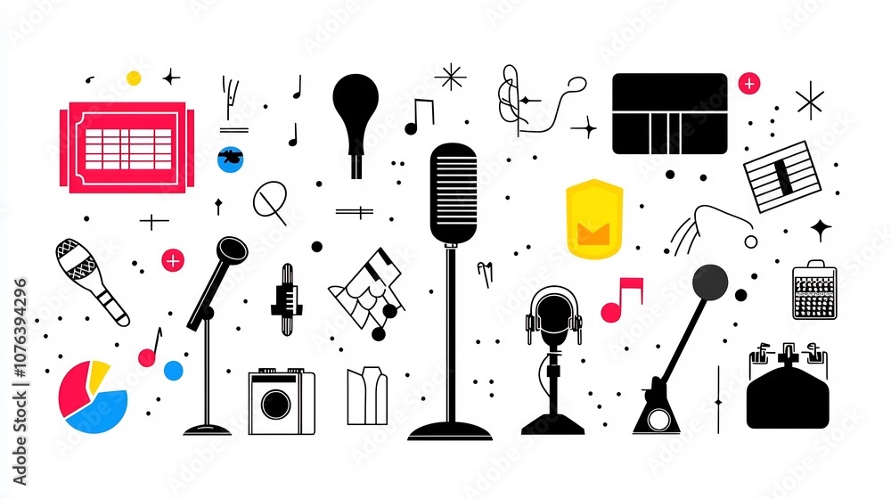 Poster comprehensive outline icon set comprising 15 symbols representing various elements of the entertainm