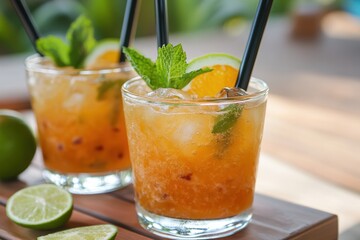 Refreshing cocktails in glasses garnished with mint and citrus, served on a wooden board, perfect for summer gatherings.