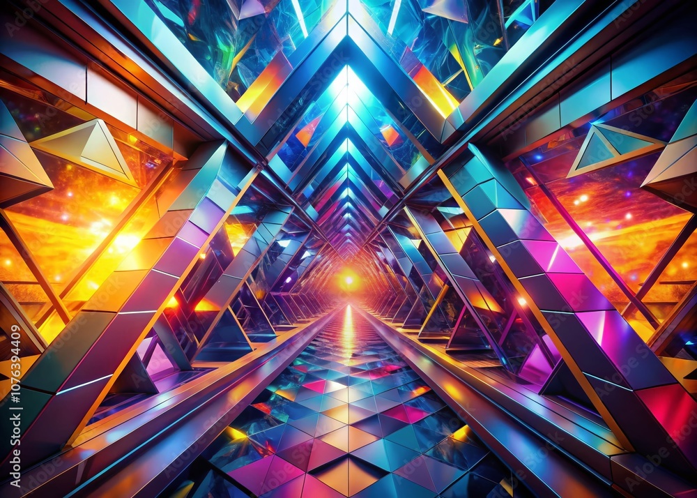 Poster captivating 3d render of a colorful geometric tunnel with triangles, creating a dynamic flying exper