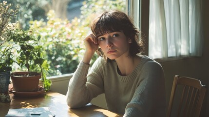 Thoughtful young woman gazing out a window, sunlight streaming in, surrounded by green plants on a wooden table.