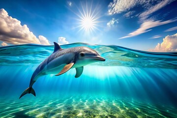 Captivating 4K Video of a Dolphin Swimming Gracefully in Crystal Clear Water Against a Vibrant Blue Background with Ample Copy Space for Text or Branding Needs
