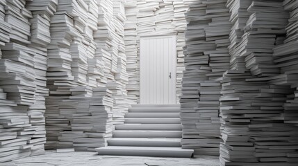 A staircase made of stacked real estate contracts leading to a symbolic doorway