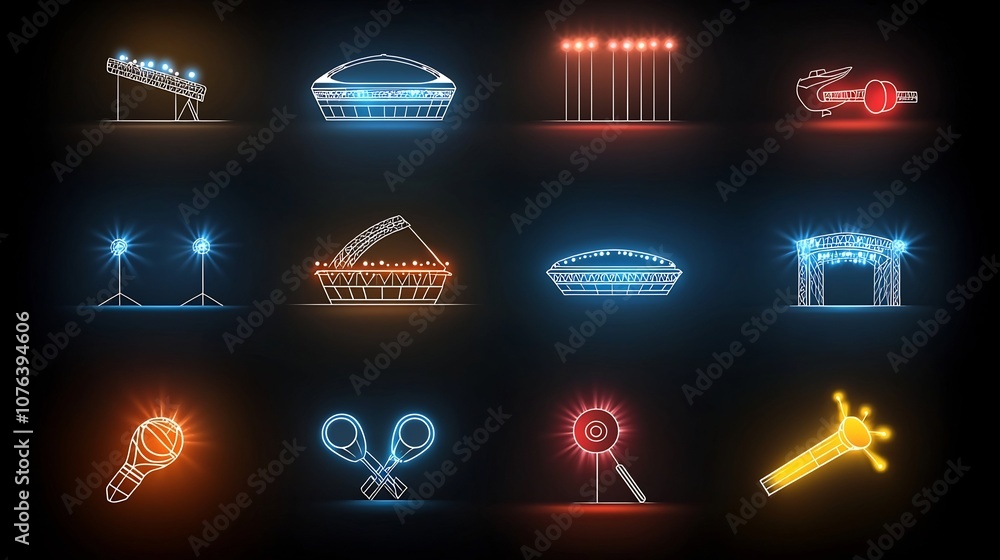 Poster clean icon set of 15 symbols representing popular entertainment activities and venues including stad