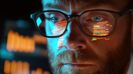 Intense focus on data reflects in glasses as man analyzes digital information on screen, symbolizing tech and analytics.