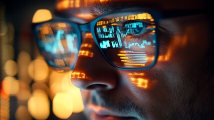 Intense focus on data reflects in glasses as man analyzes digital information on screen, symbolizing tech and analytics.