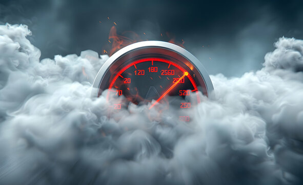 A speedometer with a white cloud, a red arrow, and three large gauges in the background with smoke around them, against a background of gray clouds with blurred lines