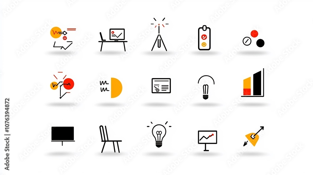 Poster Comprehensive set of 15 minimalist icons depicting various elements of meetings presentations and online Includes symbols for team discussions webinars digital whiteboards