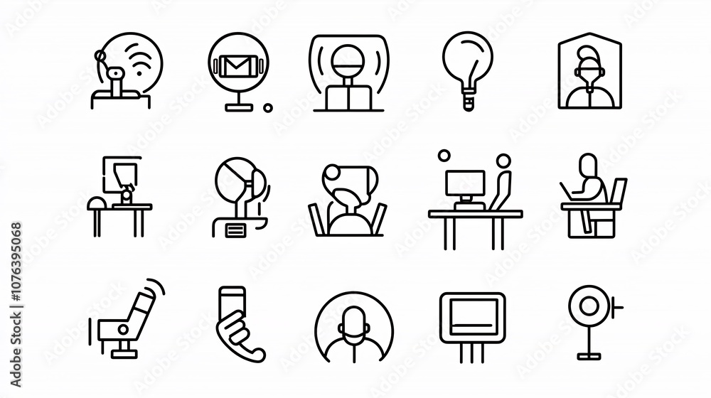 Fototapete Set of 15 outline style icons featuring symbols for video call roundtable discussion speaker and other meeting related elements  Suitable for business conference presentation and concepts