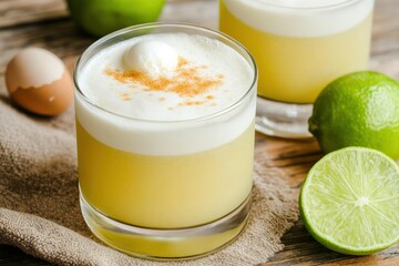 Refreshing lime cocktail with creamy froth, garnished with a sprinkle of cinnamon, served in a glass alongside fresh limes and eggs.