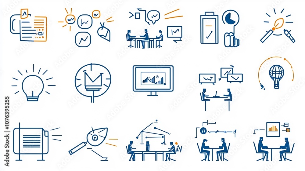 Aufkleber comprehensive icon set featuring 15 symbols representing collaborative work activities such as brain