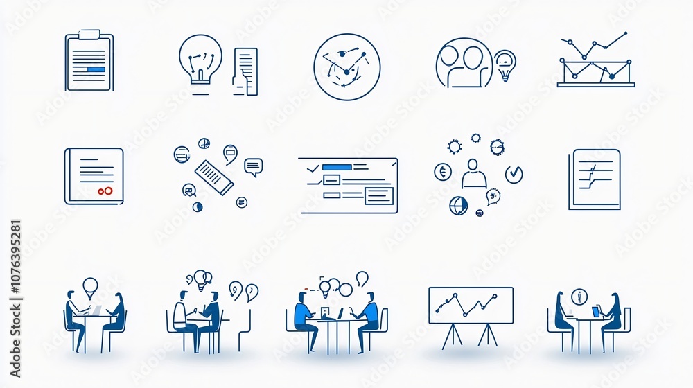 Poster collection of 15 linear corporate meeting icons representing important elements such as agenda parti