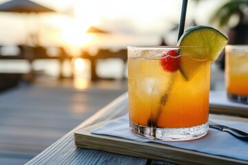 A refreshing cocktail served in a glass with a lime wedge and cherry, set against a sunset backdrop by the water.