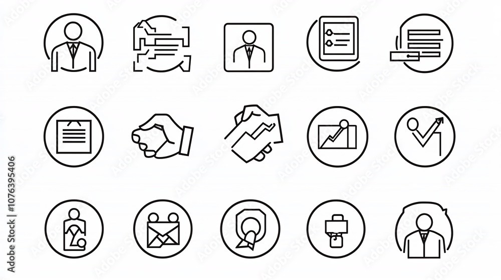 Poster Outline Icon Set of 15 Symbols Representing Professional Interactions like Handshake Meeting Schedule and Attendee Badge in Clean Style with Editable Strokes