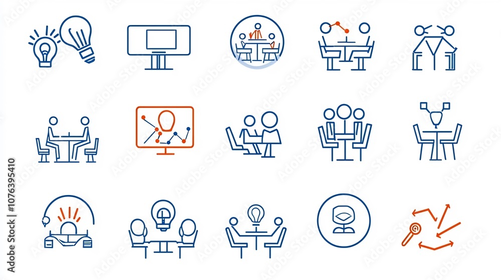 Poster Set of 15 linear icons illustrating various meeting and seminar related themes including symbols for virtual meetings panel discussions and teamwork  The simple offer a clean modern