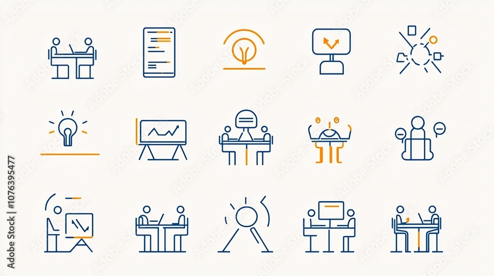 Poster Set of 15 minimalist linear icons depicting various themes related to meetings seminars and collaborative work environments including virtual meeting panel discussion and teamwork symbols  Simple