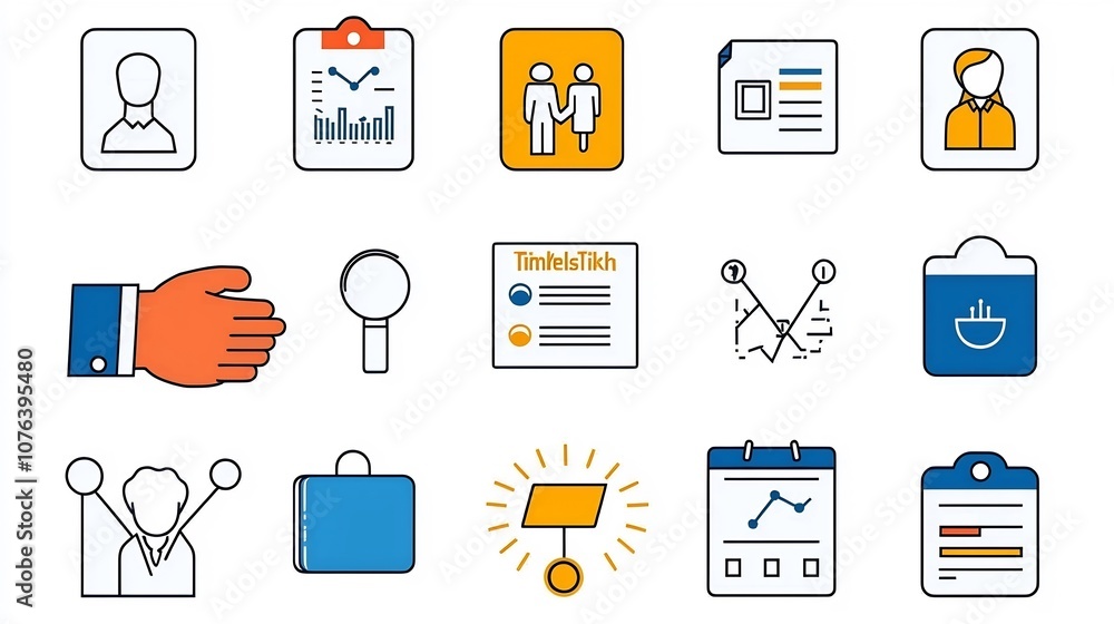 Poster Set of 15 Outline Icons Representing Professional Interactions Including Handshake Meeting Schedule and Attendee Badge in Clean Style with Editable Strokes