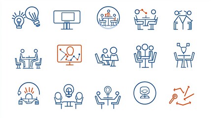 Set of 15 linear icons illustrating various meeting and seminar related themes including symbols for virtual meetings panel discussions and teamwork  The simple offer a clean modern