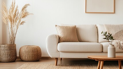 Wabi sabi interior design concept. A cozy living room featuring a light-colored sofa, natural decor elements, and a warm atmosphere created by neutral tones and textures.