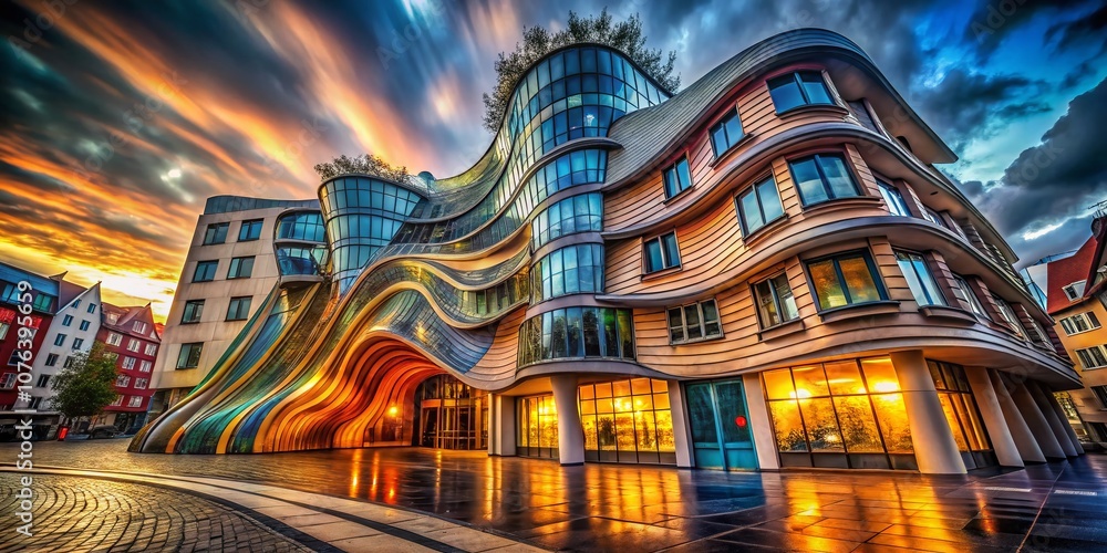 Poster captivating architectural photography of an abstract building with a drunken expression drawing infl