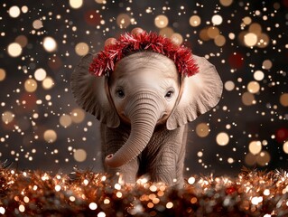 A festive elephant adorned with a decorative headband stands amidst sparkling lights, creating a whimsical holiday atmosphere.