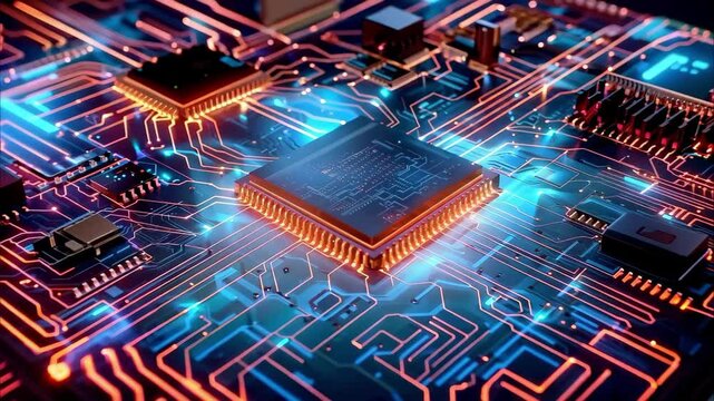 A close-up of a circuit board with glowing circuitry and a central processing unit (CPU) highlighted in blue and orange colors.