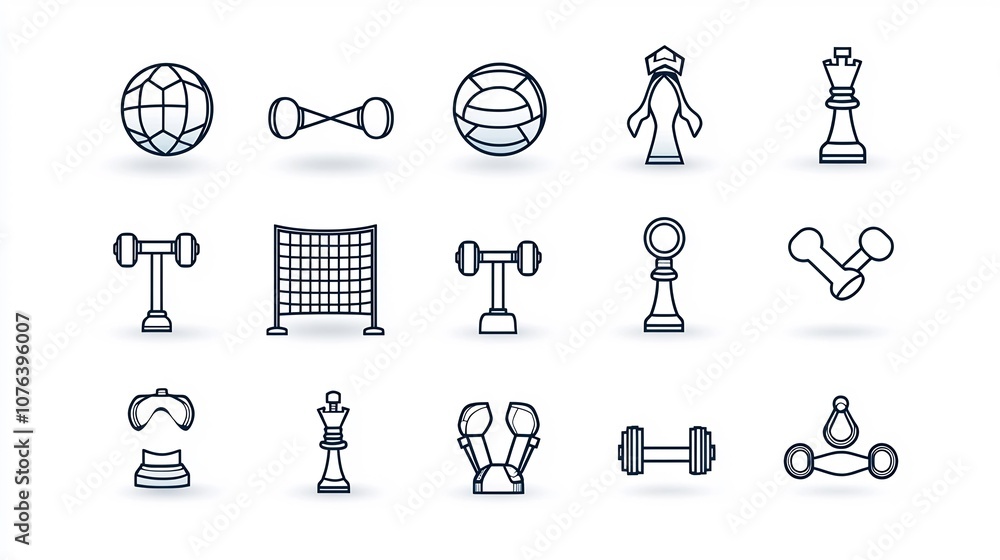 Poster minimalist outline icon set featuring 15 sports related symbols including volleyball net chess piece