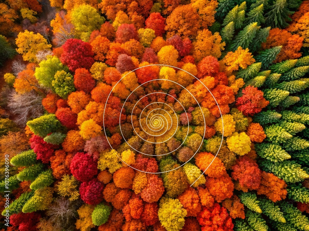 Poster captivating autumn colors in a fibonacci sequence composition with minimalist style showcasing natur