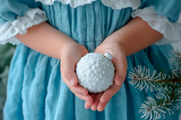 little girls' hands holding white christmas ball