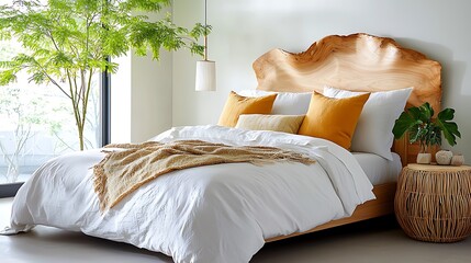 The minimalist bedroom features a neutral color palette, clean lines, and sleek furniture pieces made from natural materials such as wood and stone