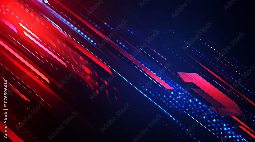 Poster a 3d red and blue techno abstract background with overlapping layers, set in a dark space.