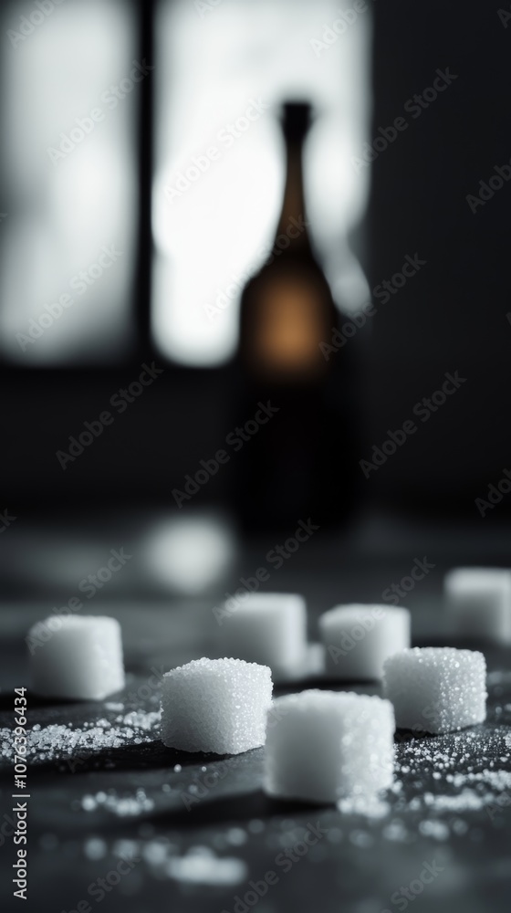 Poster scattered sugar cubes on dark surface with blurred bottle, symbolizing hidden sugars in beverages an