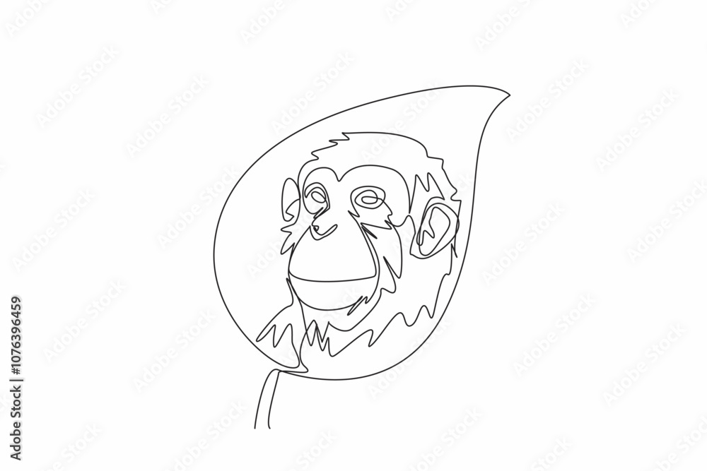 Poster single continuous line drawing monkey head in the middle of the leaf. saving from extinction. doing 
