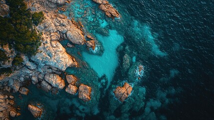 Fototapeta premium Aerial View of Rocky Coastline with Turquoise Waters and Lush Greenery at Sunset Capturing Natural Beauty and Tranquility