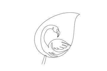 Single continuous line drawing flamingo head and body in the middle of the leaf. Do not disturb the balance of nature. Let it grow and develop. World Wildlife Day. One line design vector illustration