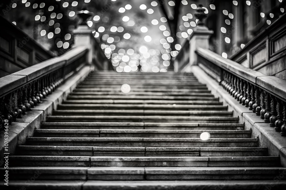 Poster captivating black and white stairs with bokeh effect, emphasizing depth and texture in a minimalist 