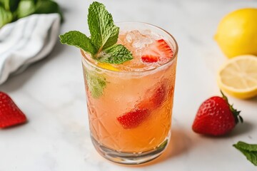 A refreshing strawberry mint beverage served in a glass, garnished with mint leaves, alongside fresh strawberries and lemon slices.