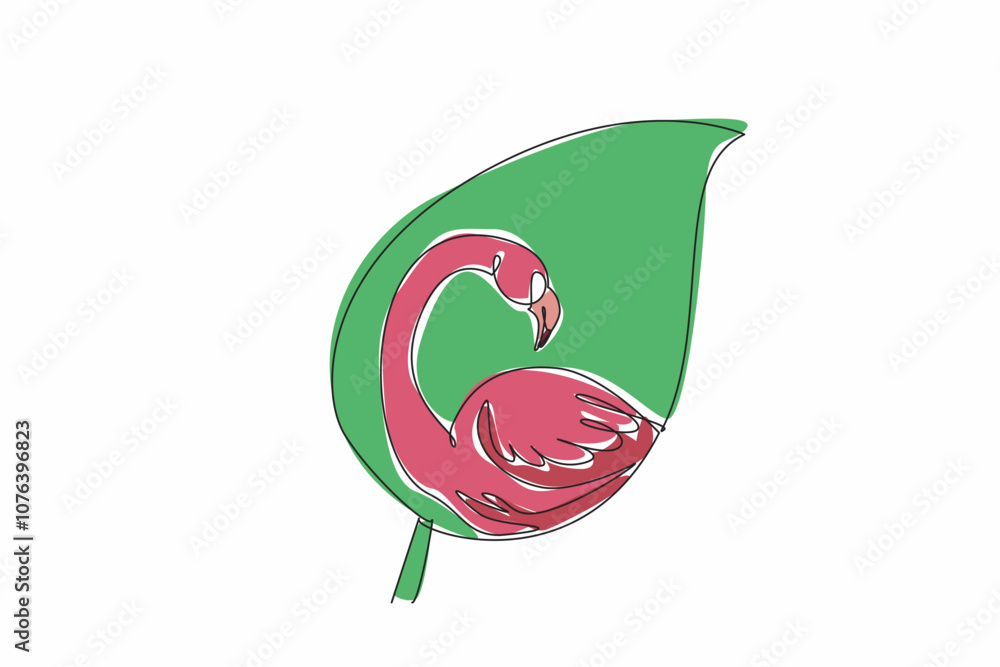 Poster single continuous line drawing flamingo head and body in the middle of the leaf. do not disturb the 